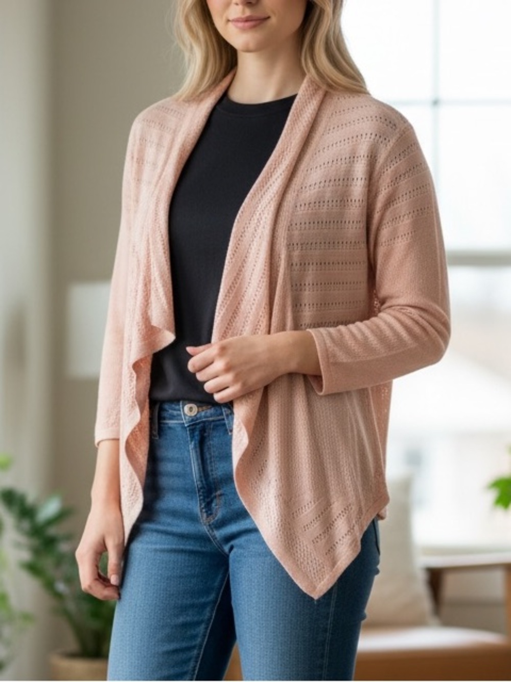 T Tahari Pink Perforated Waterfall Cardigan